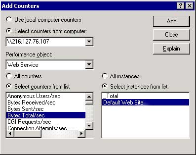 Perfmon dialog - add counters. Web Service