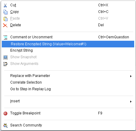 VuGen restore encrypted string context menu